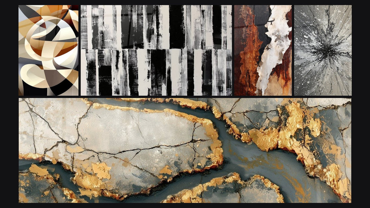 Mosaïque de cinq tableaux, dont Formes circulaires entrelacées et Marbrure dorée aux failles anthracite