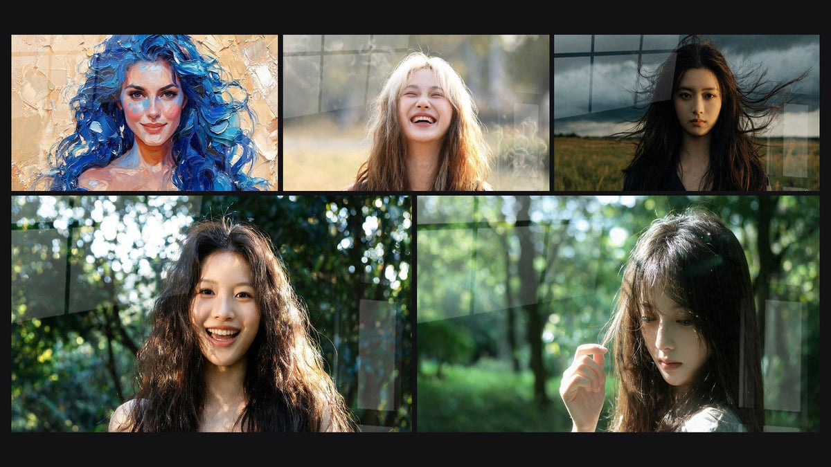 Mosaïque de cinq tableaux, dont Femme cheveux noirs ciel orageux et Jeune femme cheveux bruns forêt verte