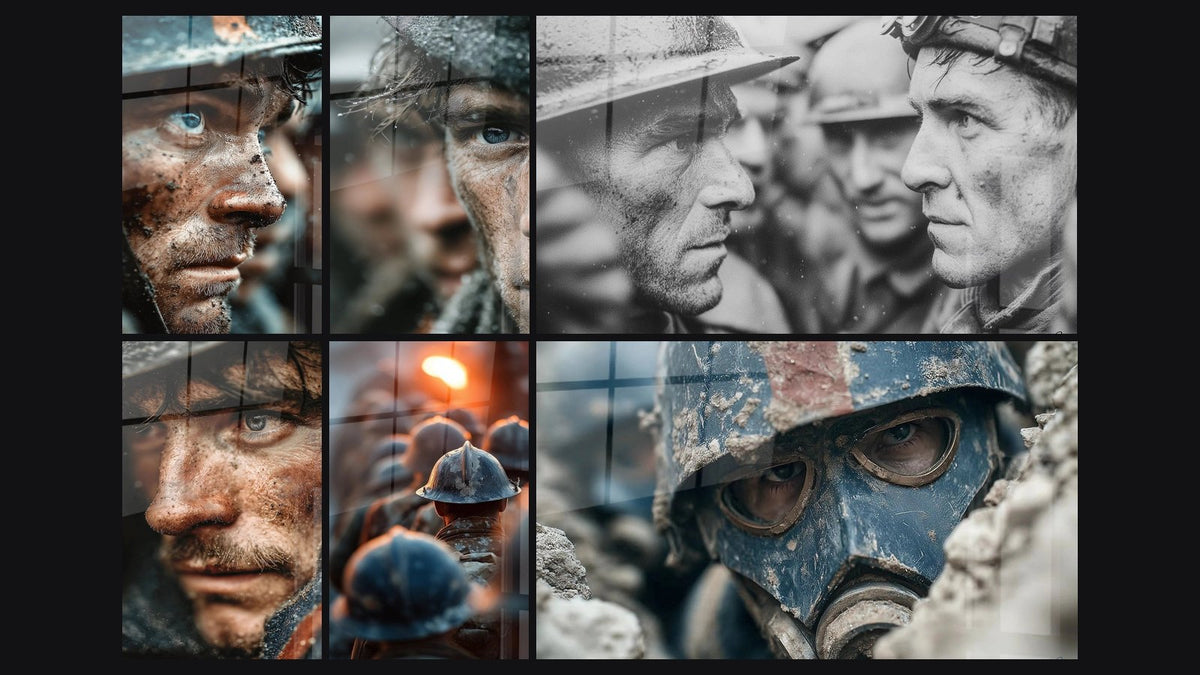 Mosaïque de six tableaux, dont Soldat Regard d'Acier, Soldat Poussière d'Honneur et Soldat Tempête Intérieure
