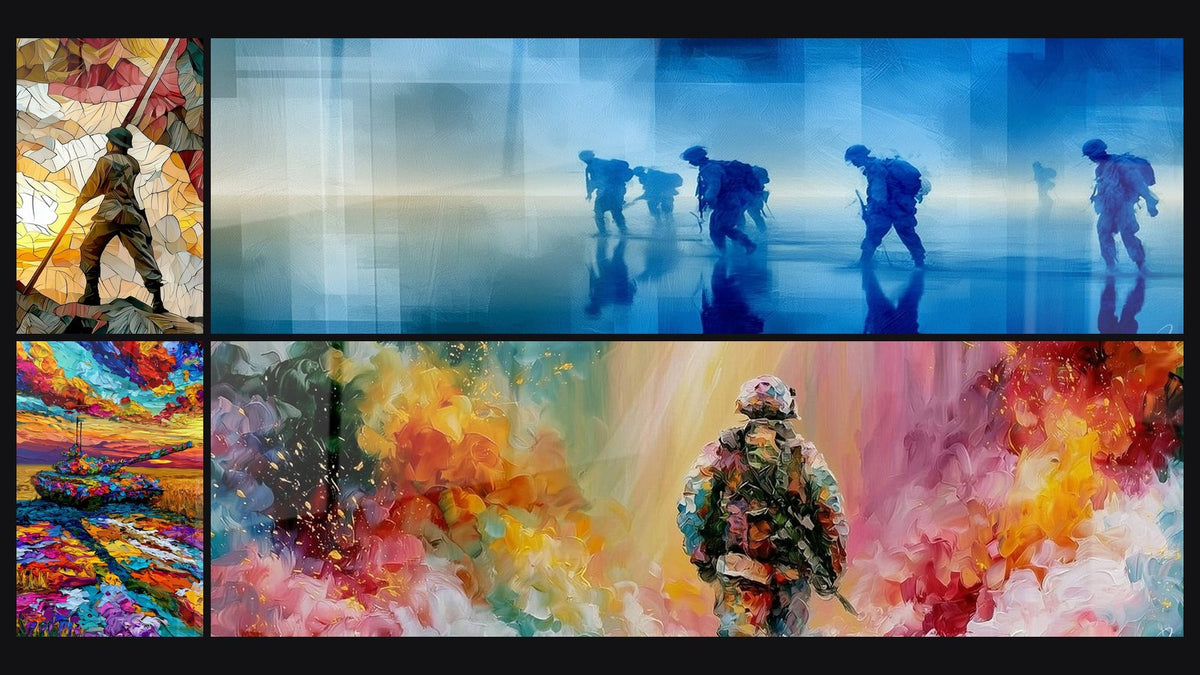 Mosaik aus vier Gemälden, darunter Soldat mit roter und goldener Flagge und Verlassener Panzer auf goldenem Weg