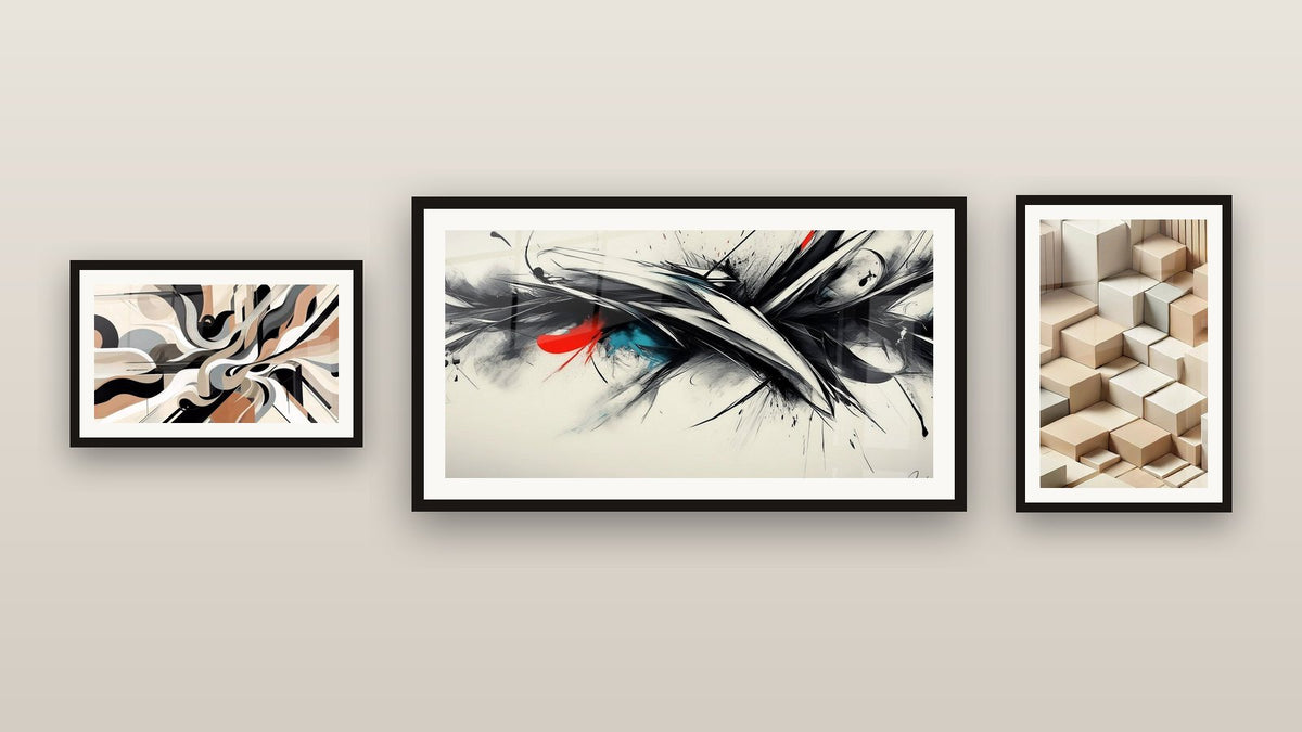 Gallery wall with three framed paintings: Graphical Vibrations, Dynamic Abstract and Minimalism Sculpted