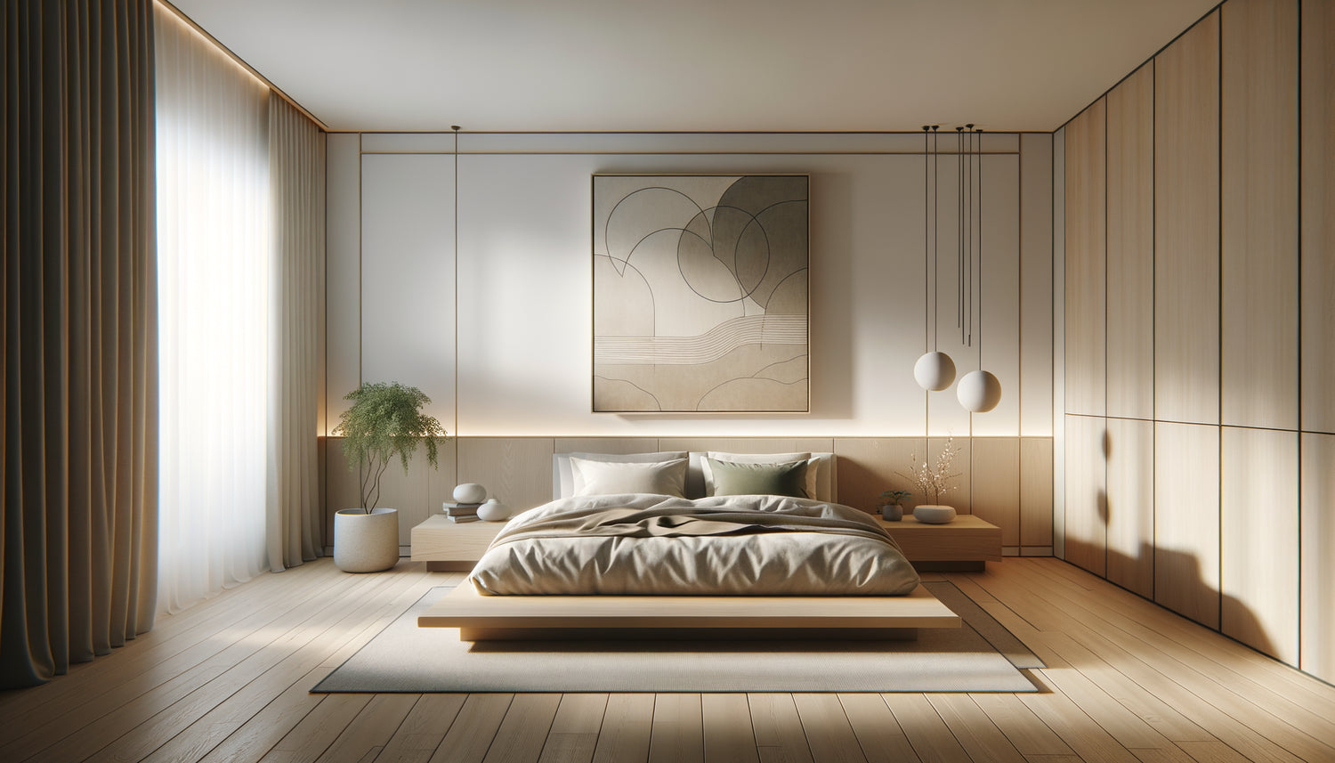 Chambre moderne épurée avec grand tableau minimaliste aux tons neutres au-dessus du lit