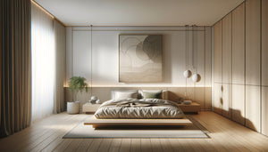 Chambre moderne épurée avec grand tableau minimaliste aux tons neutres au-dessus du lit