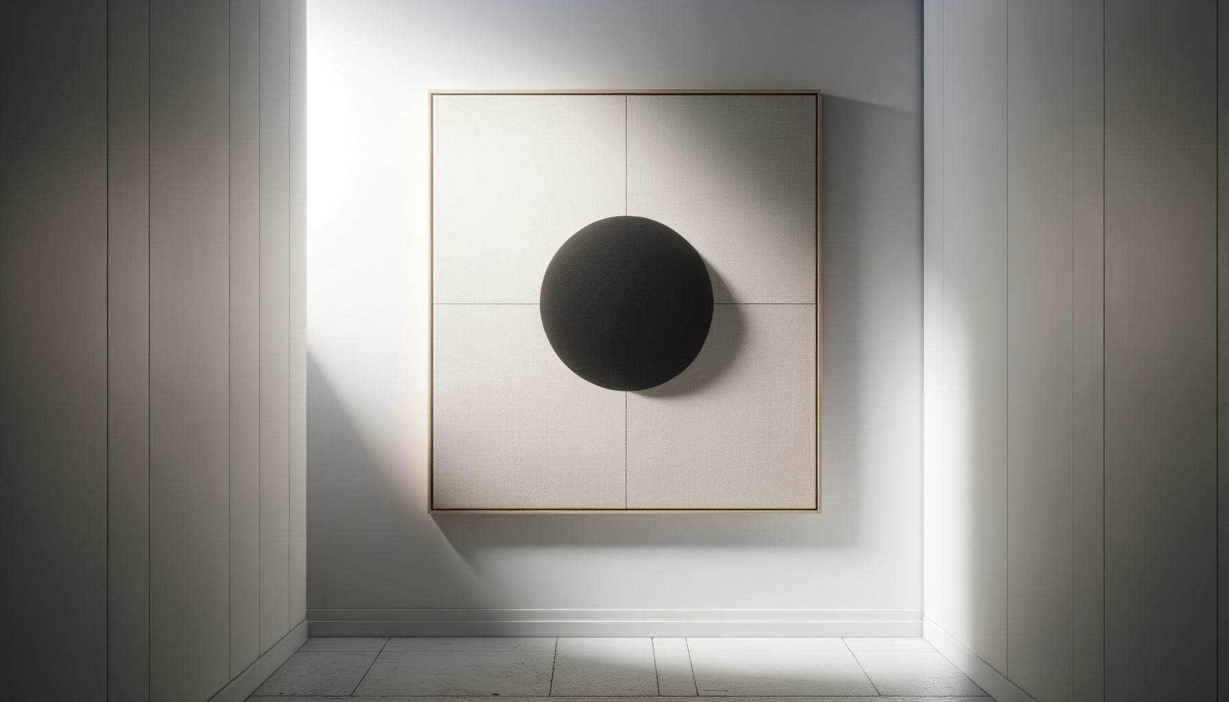 Tableau minimaliste géométrique épuré dans couloir étroit blanc créant respiration visuelle et agrandissement spatial