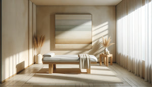 Tableau minimaliste aux tons beiges et gris dans un espace wellness épuré avec table de massage
