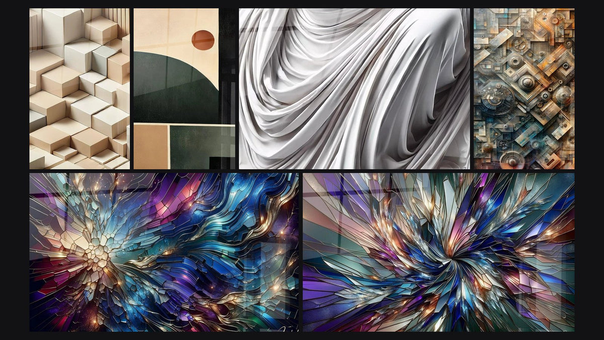 Mosaïque de six tableaux, dont Minimalisme Sculpté, Équilibre Géométrique et Mouvement figé