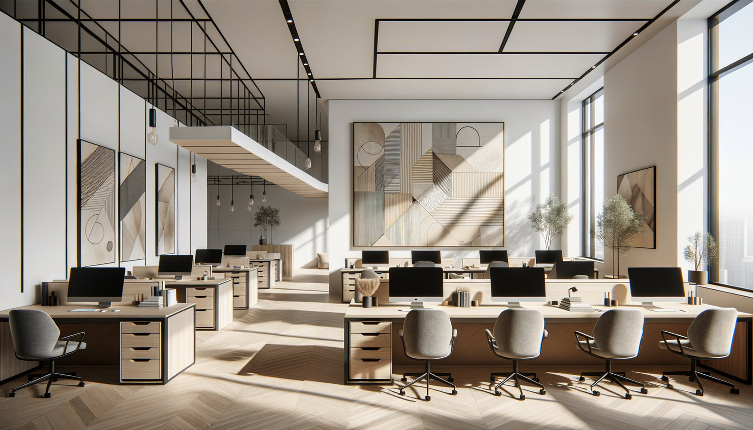 Tableau mural minimaliste structurant un open space contemporain avec lignes épurées et palette neutre