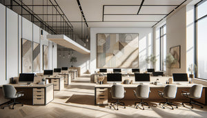 Tableau mural minimaliste structurant un open space contemporain avec lignes épurées et palette neutre