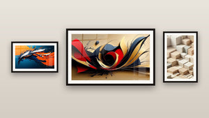 Galerijwand met drie ingelijste schilderijen, waaronder Abstract dynamisch en Minimalistisch Gesculpteerd