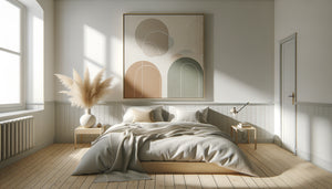Chambre scandinave épurée avec tableau minimaliste aux formes organiques en tons neutres au-dessus du lit