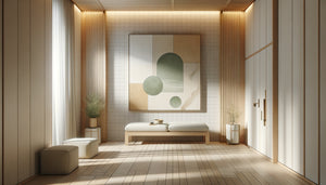 Mur de spa minimaliste avec tableau abstrait épuré aux tons doux beige et vert sauge, ambiance zen apaisante