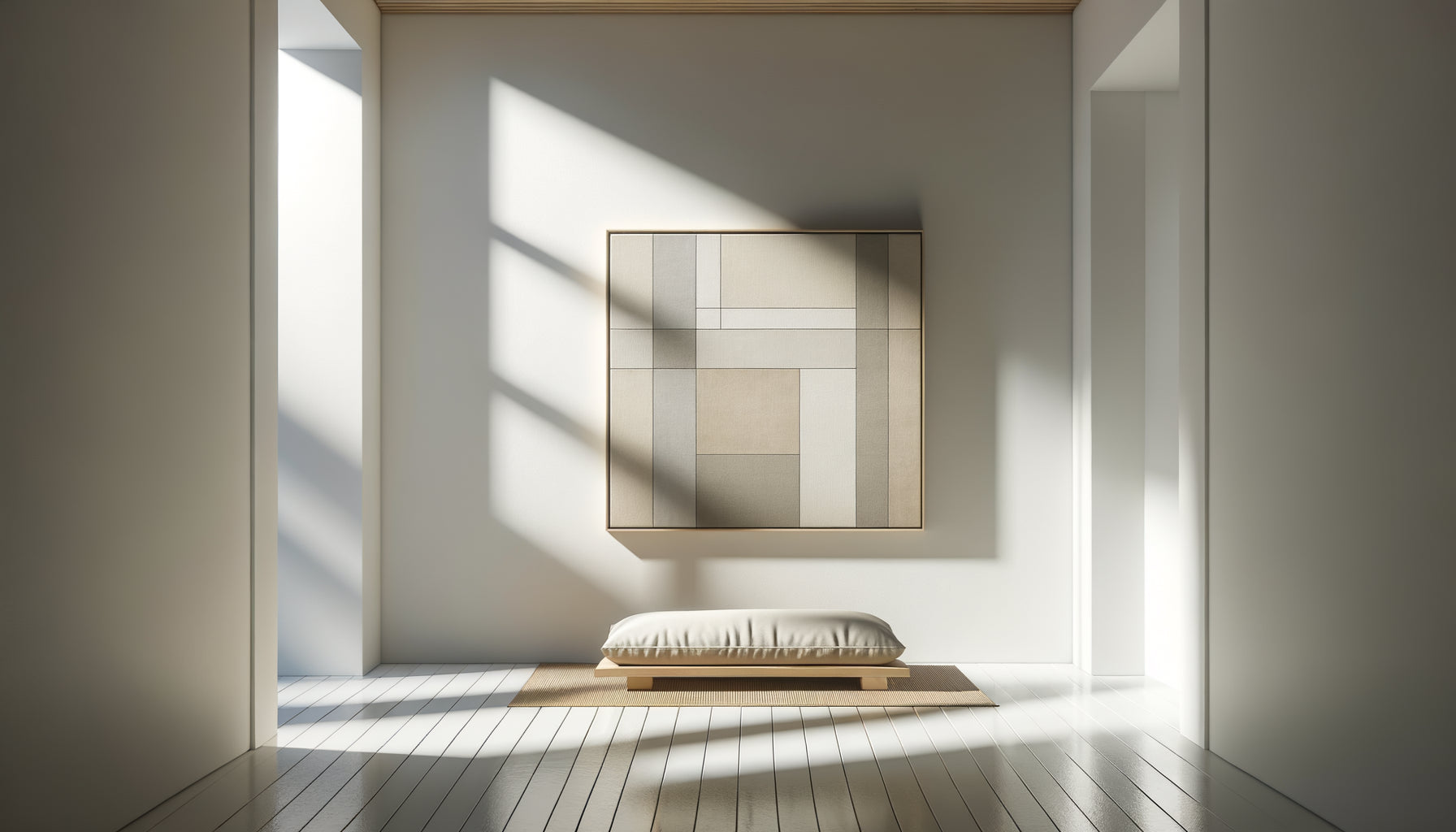 Tableau minimaliste unique aux tons beiges sur mur blanc créant une ambiance zen épurée et apaisante