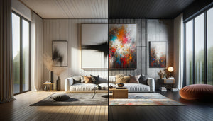 Comparaison visuelle entre décoration minimaliste épurée et style maximaliste chargé avec tableaux contrastés