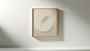 Tableau minimaliste zen aux tons beige sur mur blanc, composition épurée et apaisante illustrant la réduction du stress visuel