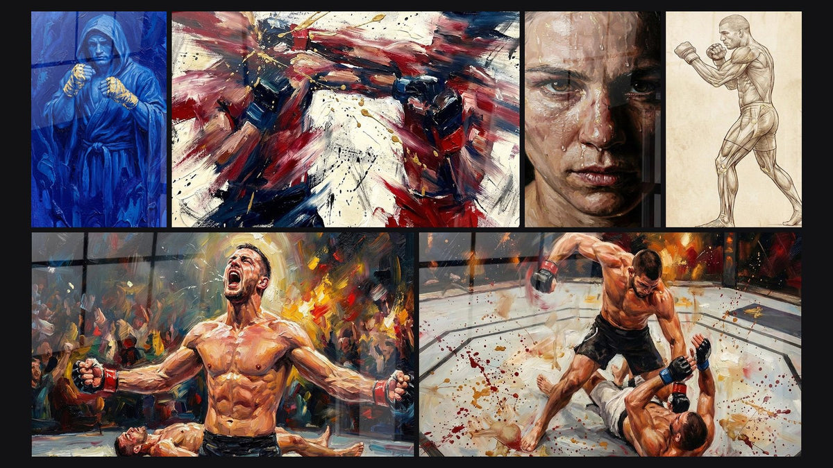 Mosaik aus sechs Gemälden, darunter Boxer mit Kapuze, Triumphierender MMA Kämpfer und MMA-Kämpfer