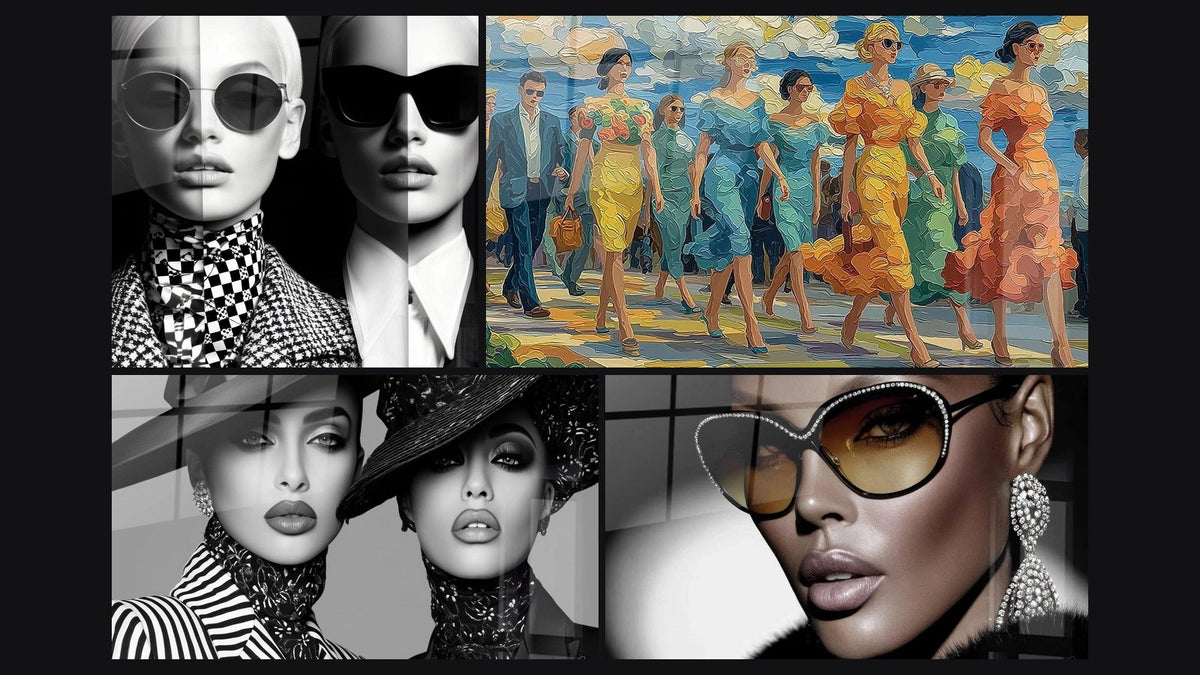 Mosaïque de quatre tableaux, dont Fashion, Style Parisien et Mode Exclusive