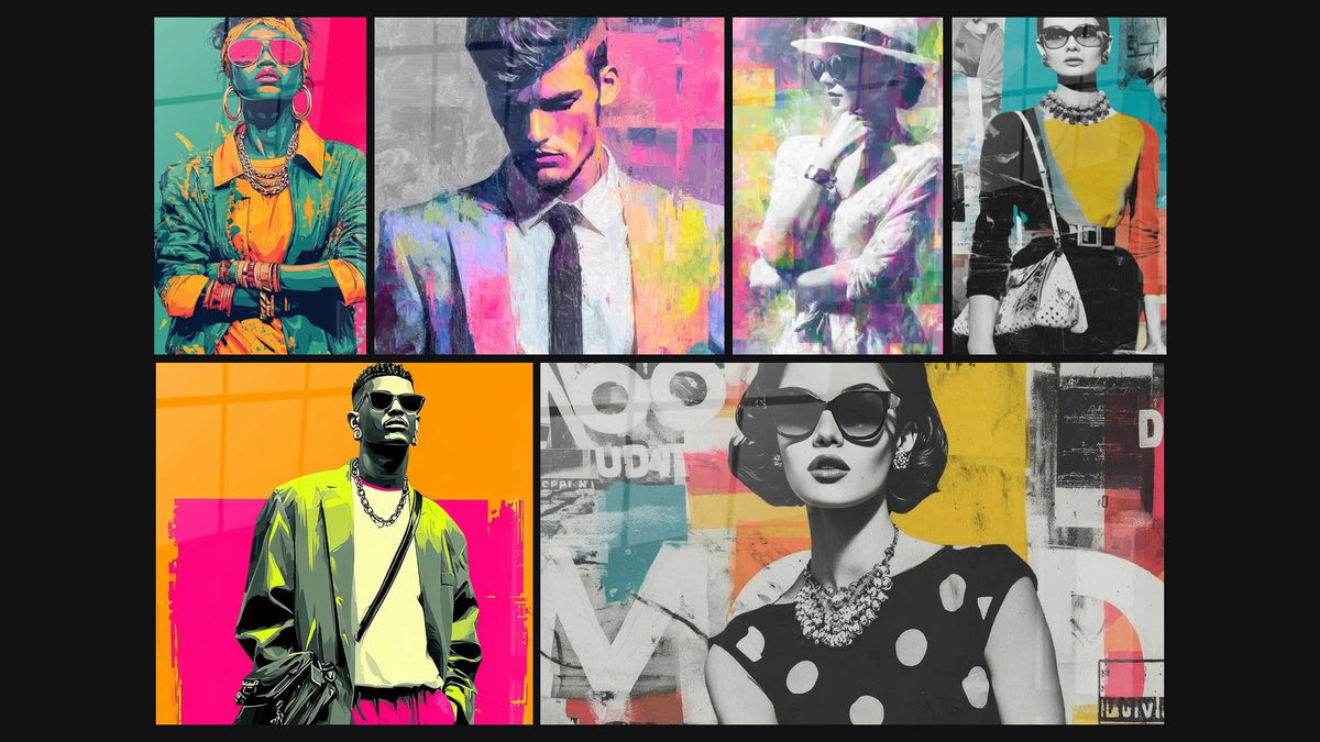 Mosaico de seis cuadros, entre ellos Mujer, Retrato Hombre y Retrato