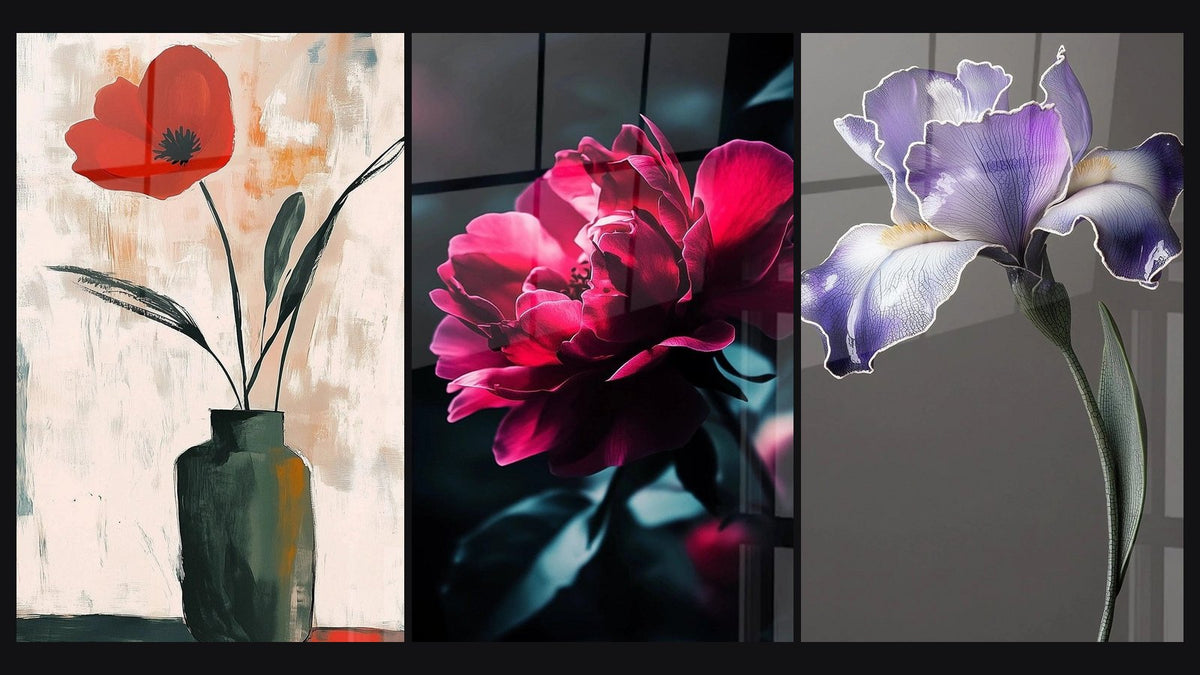 Mosaïque de trois tableaux : Coquelicot N°3, Pivoine N°3 et Iris N°9
