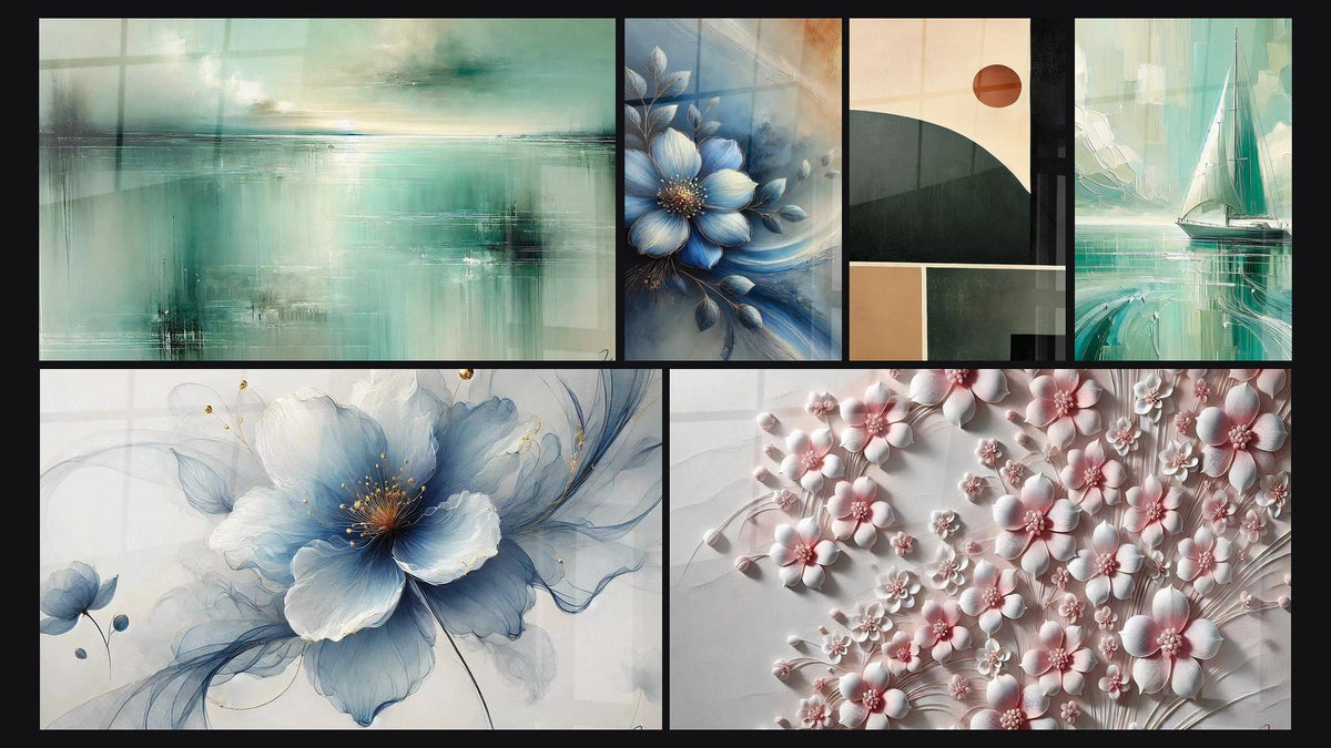 Mosaïque de six tableaux, dont Reflets de Jade, Bleu de Minuit et Lueur de Soie