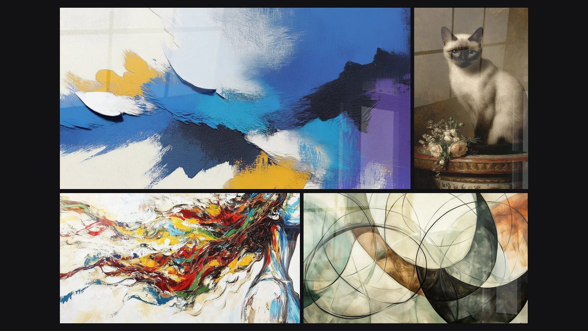 Mosaic of four paintings, including Abstract colorful, Balinese Cat Aristocratic Portrait and Modern Muse