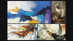 Mozaïek van vier schilderijen, waaronder Kleurrijk abstract, Bali Kat Portret Aristocratisch en Moderne Muurschildering