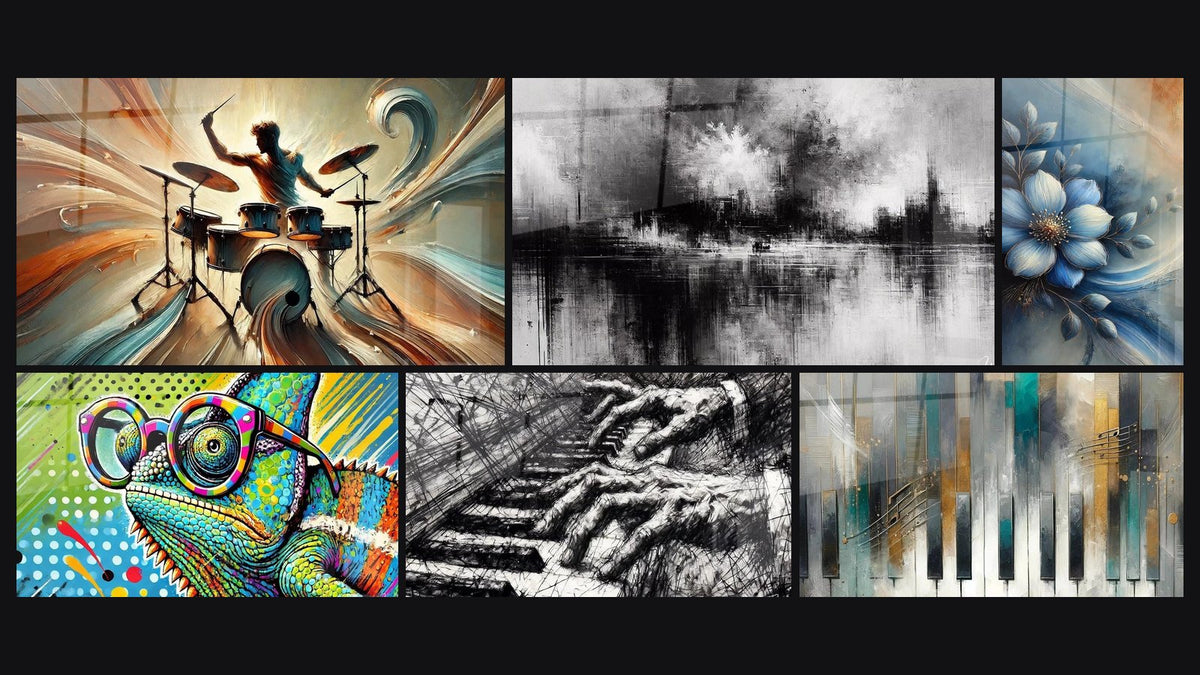 Mosaico di sei quadri, tra cui Batteria N°1, Camaleonte Pop Art e Brume Urbane