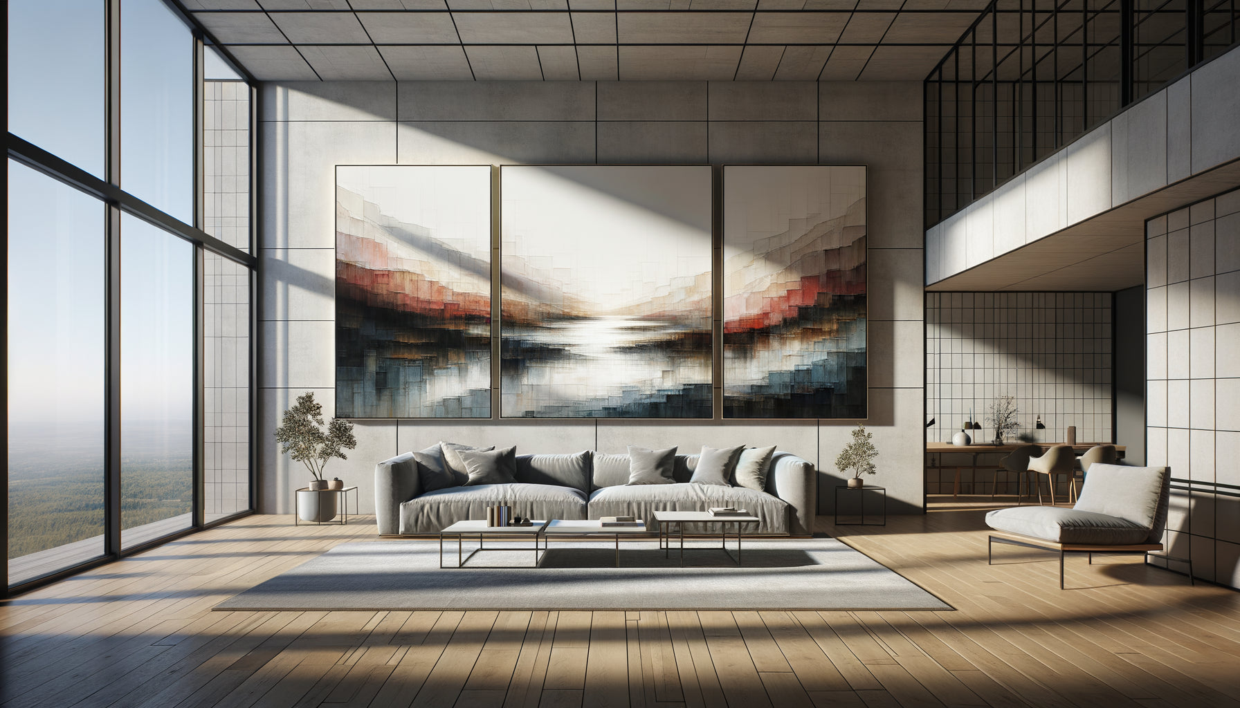 Installation contemporaine de tableau modulable triptyque sur grand mur, panneaux séparés créant rythme architectural