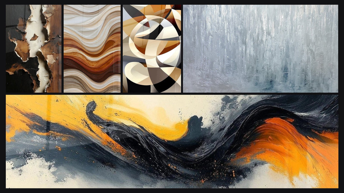 Mosaïque de cinq tableaux, dont Ondulations Fluides Terre et Cuivre et Symphonie Contrastée Noir