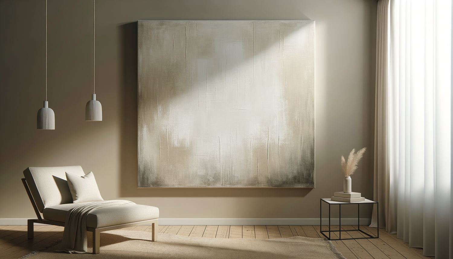Tableau monochrome beige aux textures apaisantes dans salle de soin spa moderne minimaliste