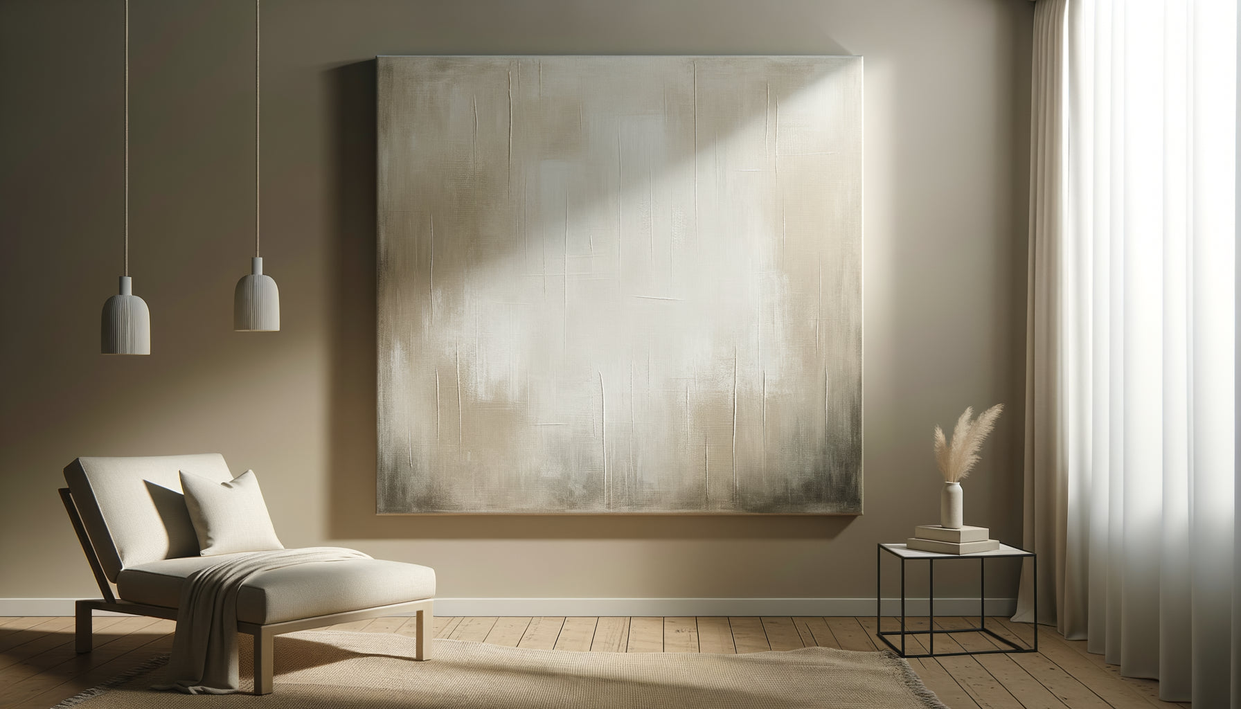 Tableau monochrome beige aux textures apaisantes dans salle de soin spa moderne minimaliste