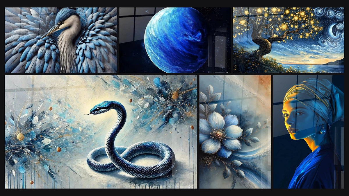 Mosaïque de six tableaux, dont Bleu Royal, Neptune N°1 et Bleu Éternel