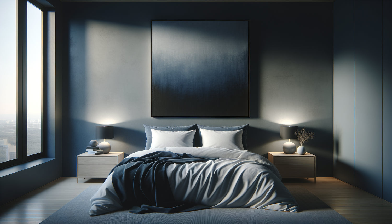 Tableau monochrome bleu indigo dans chambre minimaliste contemporaine créant une atmosphère apaisante propice au sommeil