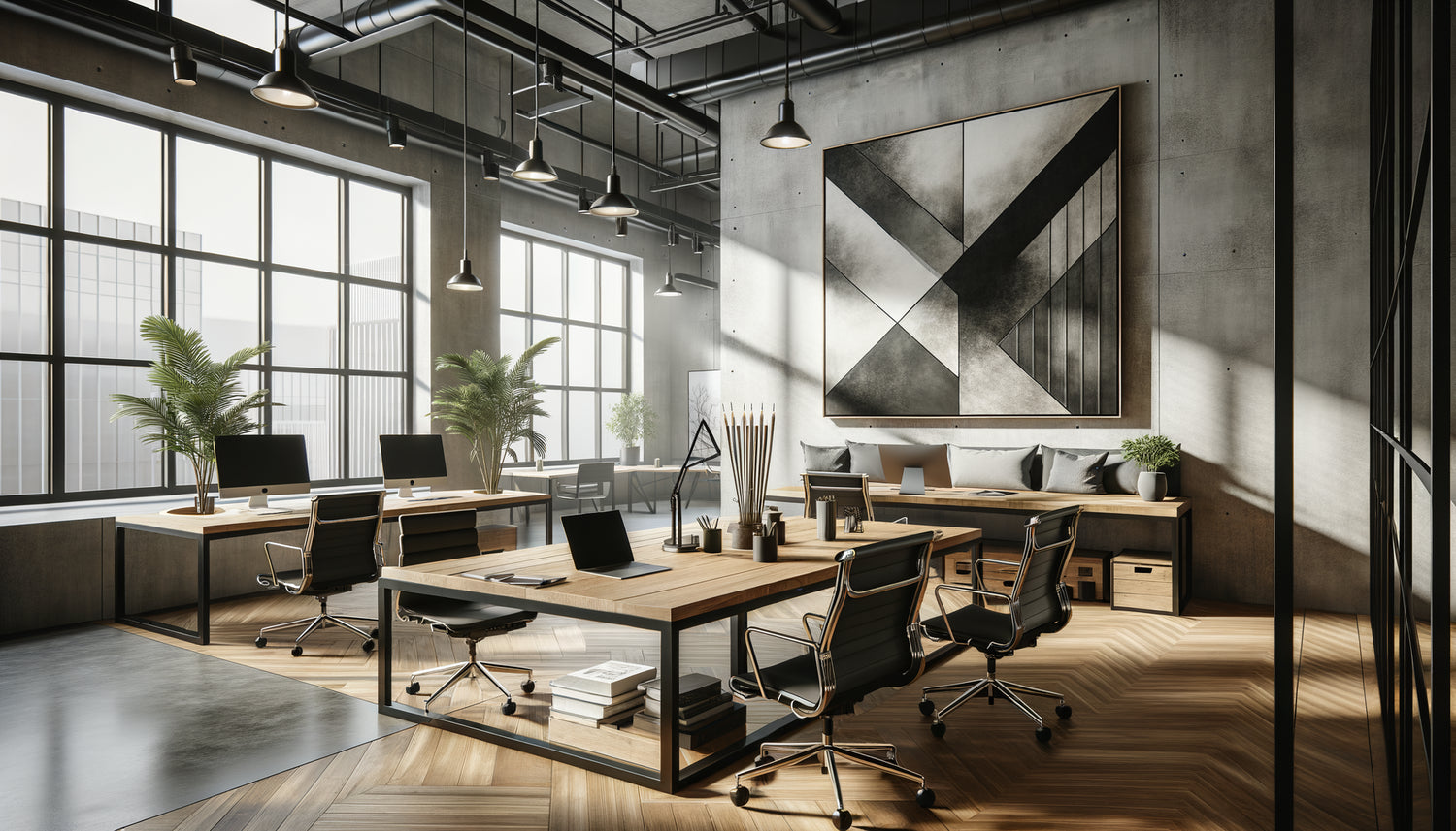 Espace de coworking contemporain avec grand tableau mural monochrome gris anthracite minimaliste sur mur blanc