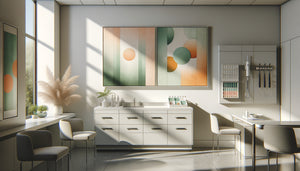 Cabinet médical moderne avec tableau monochrome vert doux et tableau multicolore pastel vitaminé côte à côte