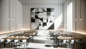 Tableau monochrome noir et blanc structurant l'espace épuré d'un restaurant minimaliste contemporain