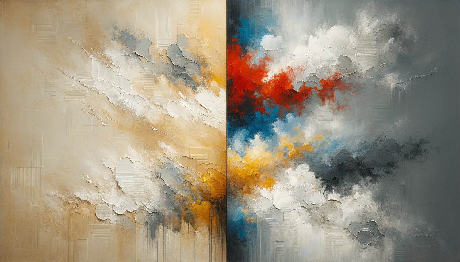 Comparaison visuelle entre peinture abstraite monochrome sobre et œuvre abstraite colorée vibrante, illustrant l'intemporalité des deux approches