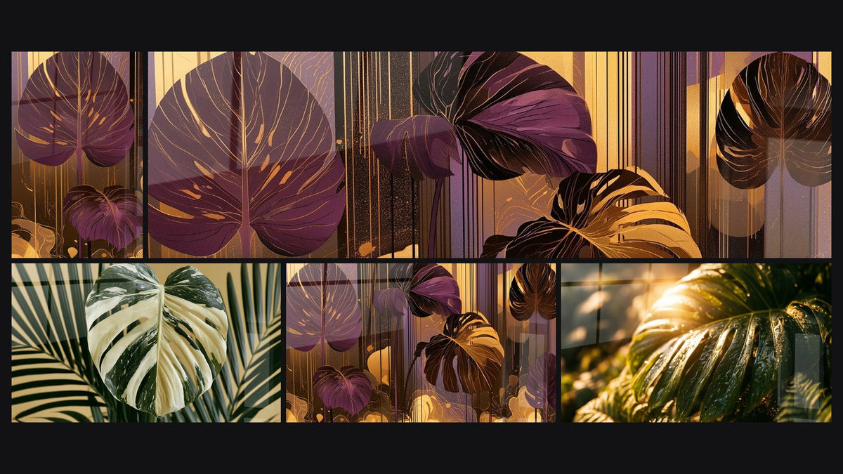 Mosaico di cinque quadri, tra cui Foglie viola e dorate screziate e Foglie viola e dorate a righe
