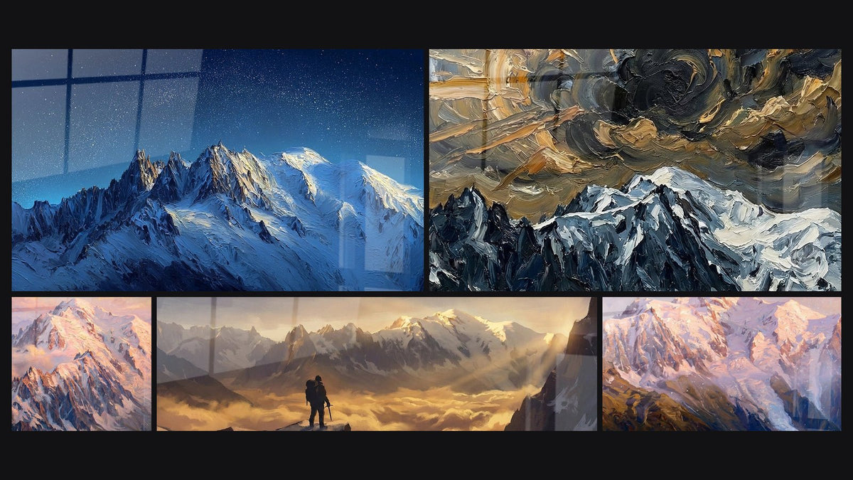 Mosaik aus fünf Gemälden, darunter Mont Blanc Sternennacht, Schneebedeckter Gipfel und Schneebedeckter Berg
