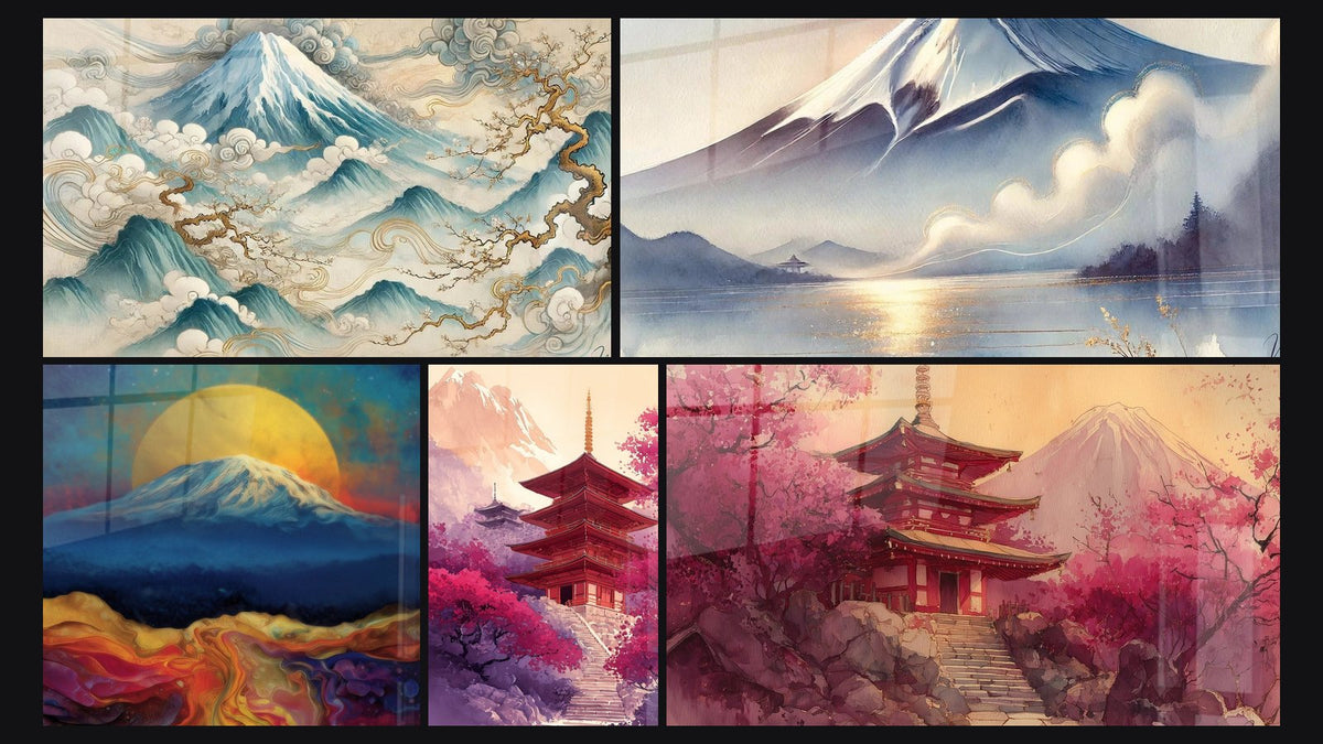Mosaico de cinco cuadros, entre ellos Más Allá de las Nubes, Monte Fuji y Sol y Pagoda Roja y Cerezos Rosas con Monte Fuji
