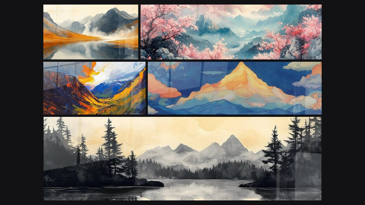 Mosaïque de cinq tableaux, dont Lac Silencieux, Sommets Enchantés et Valle Encendido