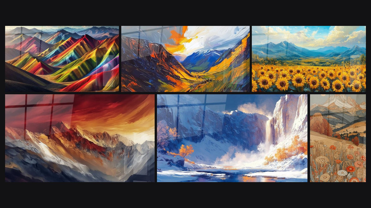 Mosaïque de six tableaux, dont Palette de la Terre, Valle Encendido et Chaîne de Montagnes au Coucher du Soleil