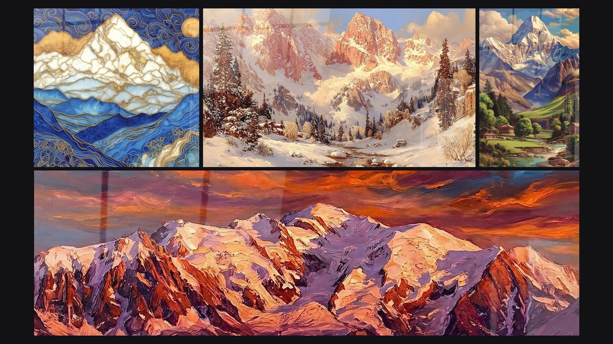 Mosaïque de quatre tableaux, dont Paysage Montagneux Stylisé, Paysage hivernal montagnard et Vallée alpine avec chalet