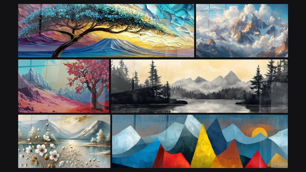 Mosaïque de six tableaux, dont Arbre Solitaire et Montagnes, Aube Himalayenne et Carmin des Cimes