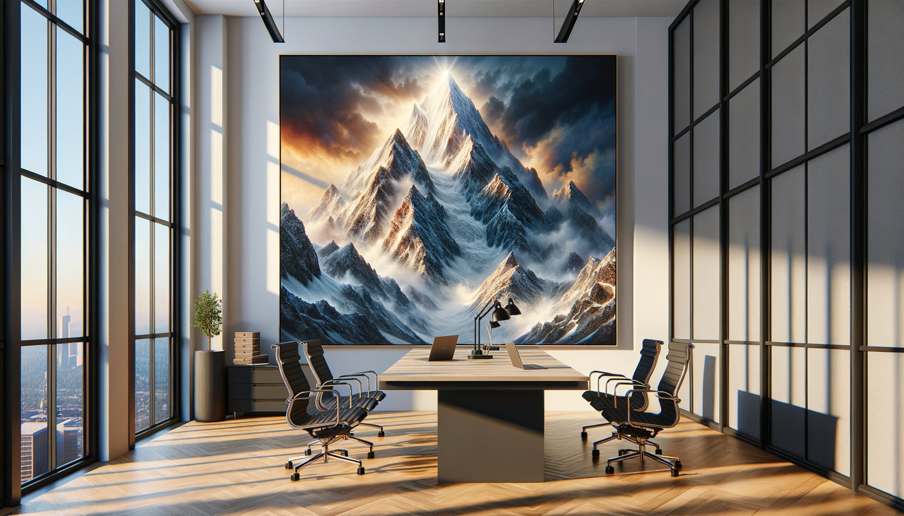 Tableau de sommet alpin majestueux sur mur de bureau symbolisant défis professionnels et objectifs à atteindre