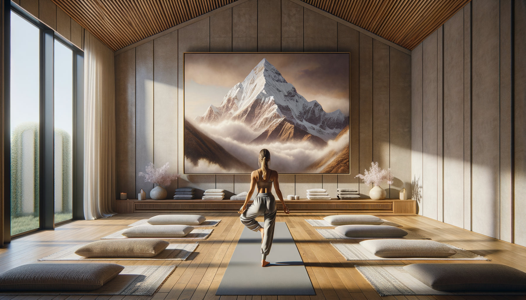 Studio de yoga avec tableau de montagne et pratiquante en posture Tadasana incarnant la stabilité