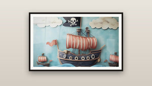 Ingelijst schilderij aan een muur: Piratentafel Nr. 2
