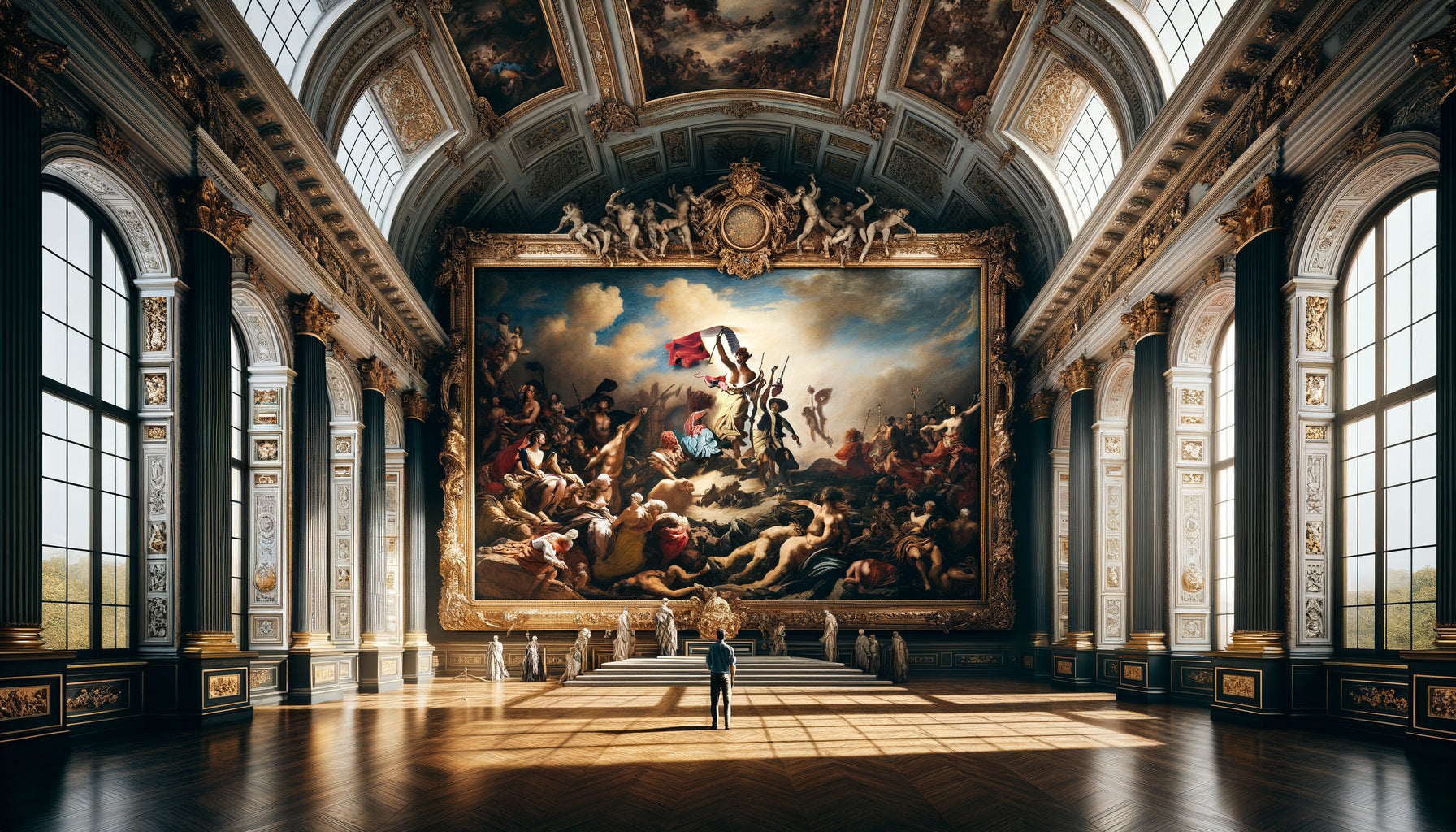 Tableau monumental historique dans cadre doré imposant, perspective montrant l'échelle écrasante de l'œuvre dans un hall palatial classique