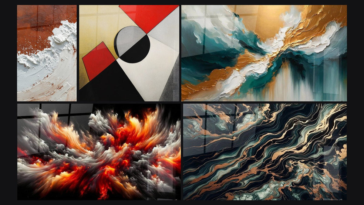 Mozaïek van vijf schilderijen, waaronder Abstract Aarde en Wit Dikke Textuur en Met gekleurde geometrische vormen