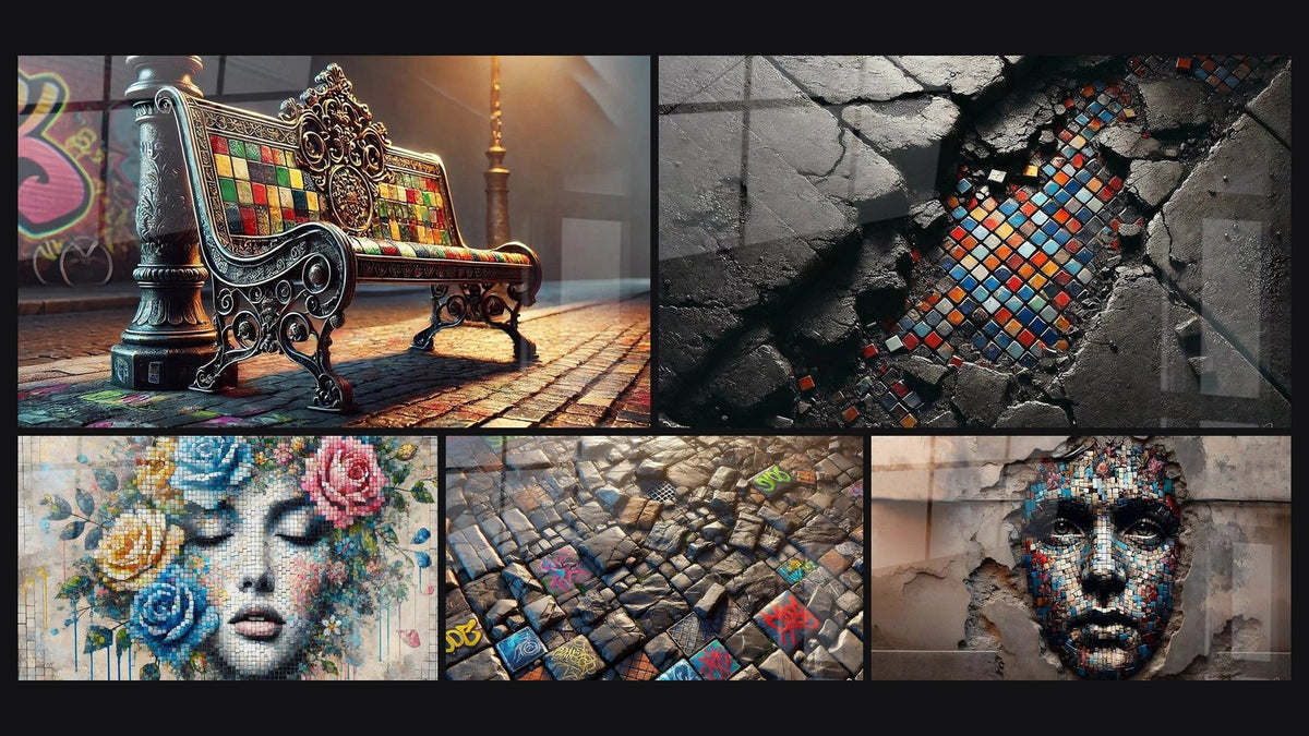 Mosaik aus fünf Gemälden, darunter Urban Thron, Träumerei Floral und Die Spuren der Vergangenheit