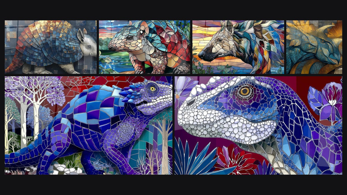 Mosaik aus sechs Gemälden, darunter Dinosaurier Mosaik und Dinosaurier Scutosaurus
